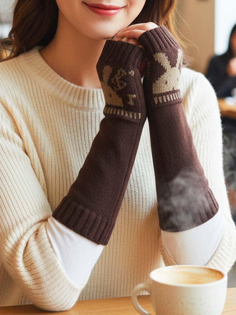 Urieo 2 Pairs Winter Arm Warmer Knit Long Fingerless Gloves Knitted Elbow Length Wrist Warmers with Thumb Hole for Women - Image 3